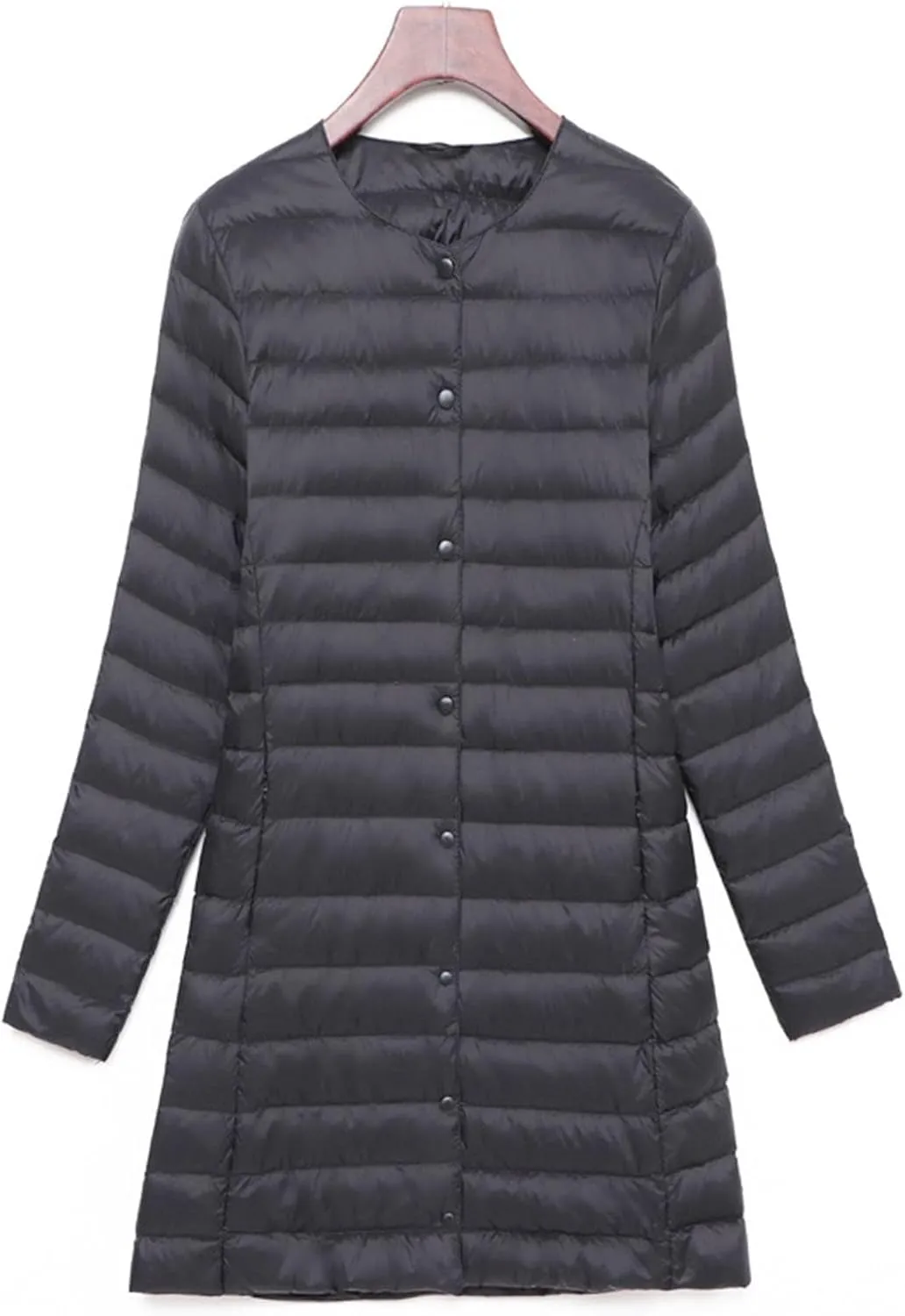 Women's Down Jacket, Light Mid-Length Down Jacket, V-Neck/Collarless, Single-Breasted Placket, Polyester Fabric (Color : Black, Size : X-Large)