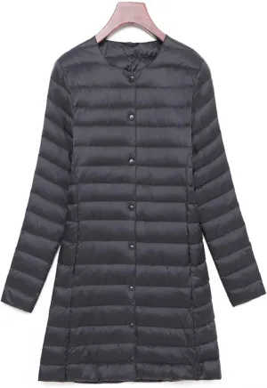 Women's Down Jacket, Light Mid-Length Down Jacket, V-Neck/Collarless, Single-Breasted Placket, Polyester Fabric (Color : Black, Size : X-Large)