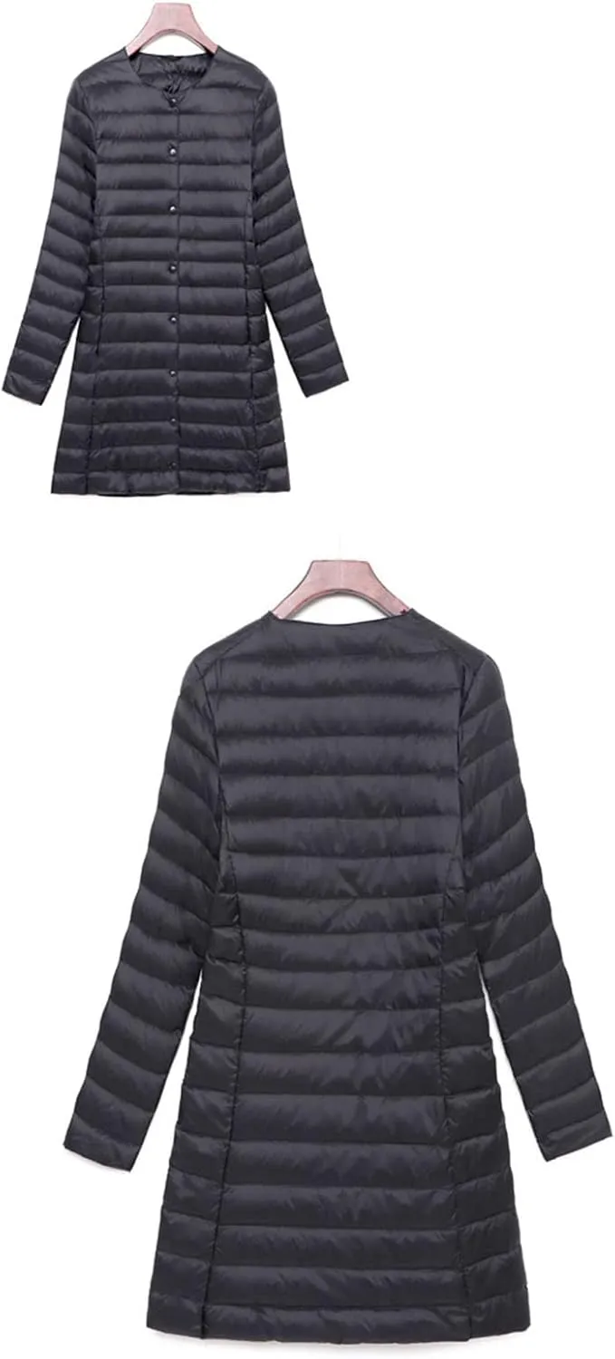 Women's Down Jacket, Light Mid-Length Down Jacket, V-Neck/Collarless, Single-Breasted Placket, Polyester Fabric (Color : Black, Size : X-Large)