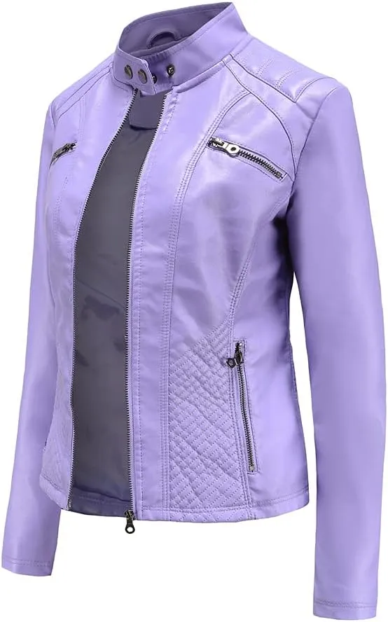 Women's Faux Leather Motorcycle Jacket PU Slim Short Biker Coat Fitted Slim Outwear with Zipper Pockets