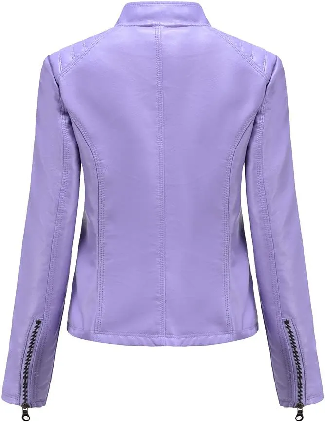 Women's Faux Leather Motorcycle Jacket PU Slim Short Biker Coat Fitted Slim Outwear with Zipper Pockets