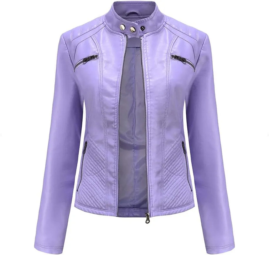 Women's Faux Leather Motorcycle Jacket PU Slim Short Biker Coat Fitted Slim Outwear with Zipper Pockets