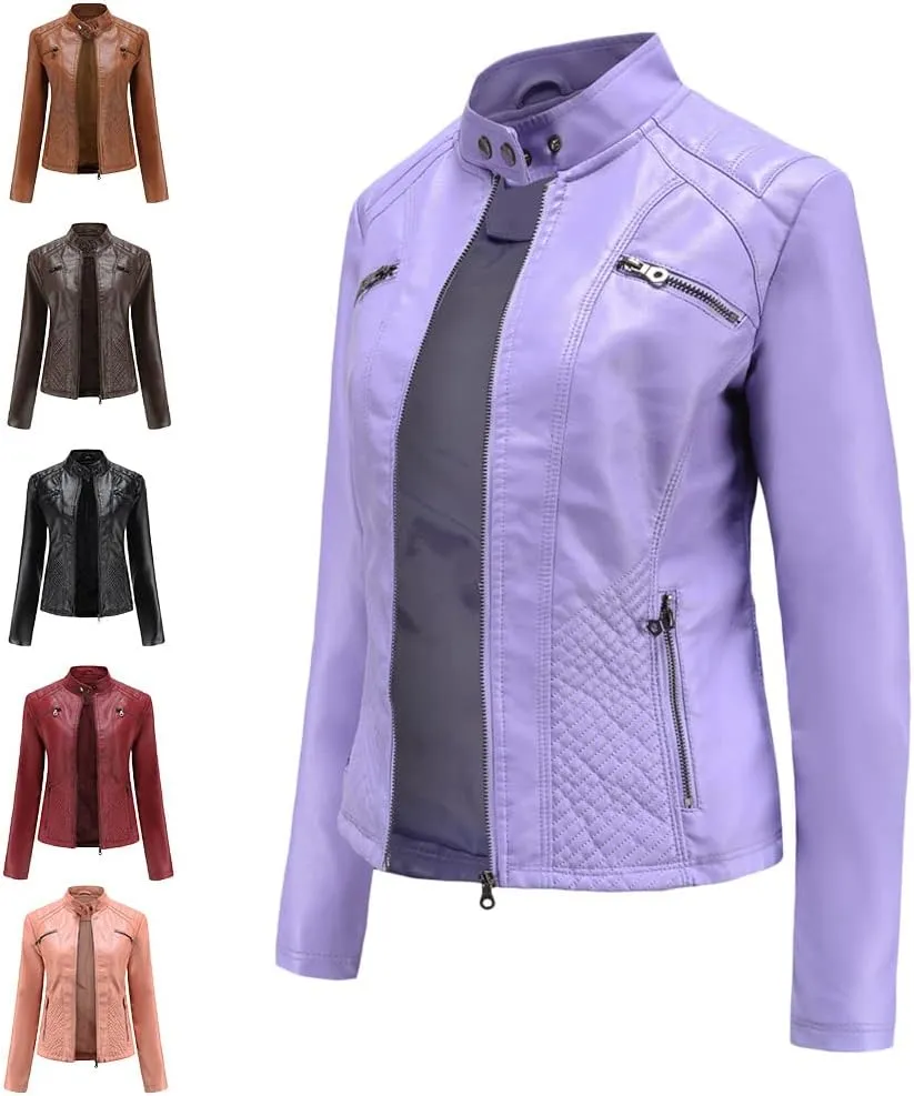 Women's Faux Leather Motorcycle Jacket PU Slim Short Biker Coat Fitted Slim Outwear with Zipper Pockets