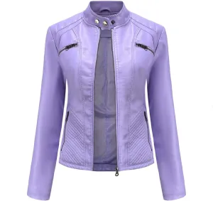 Women's Faux Leather Motorcycle Jacket PU Slim Short Biker Coat Fitted Slim Outwear with Zipper Pockets