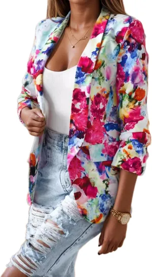 Women's Floral Print Blazer Jacket Long Sleeve Shawl Collar Open Front Casual Colorful Printed Lightweight Jacket Blazer