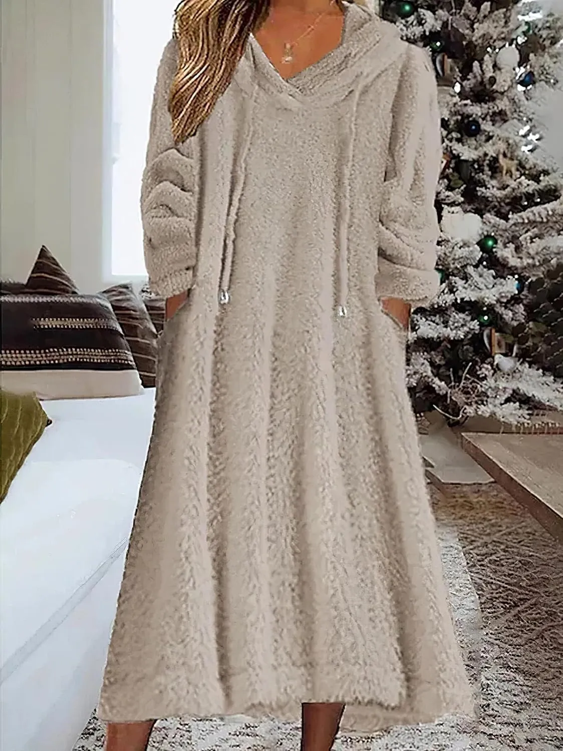Womens Fuzzy Hooded Long Fleece Dress Fall Winter Fleece Dresses with Pockets