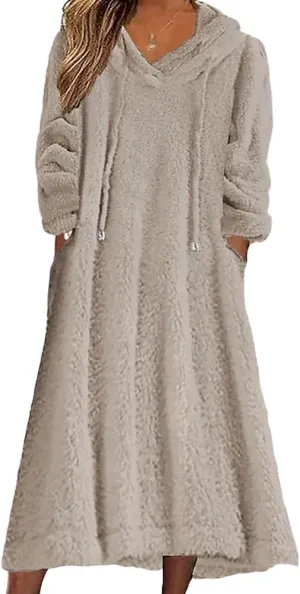 Womens Fuzzy Hooded Long Fleece Dress Fall Winter Fleece Dresses with Pockets