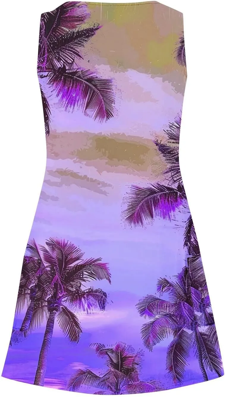 Women's Hawaiian Print Tank Dresses Summer Sleeveless Boho Beach Dress Casual V Neck Loose Fit Mini Sundress