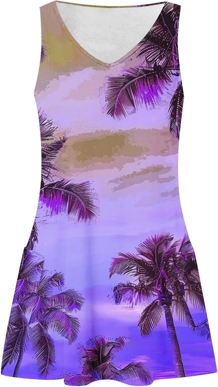 Women's Hawaiian Print Tank Dresses Summer Sleeveless Boho Beach Dress Casual V Neck Loose Fit Mini Sundress