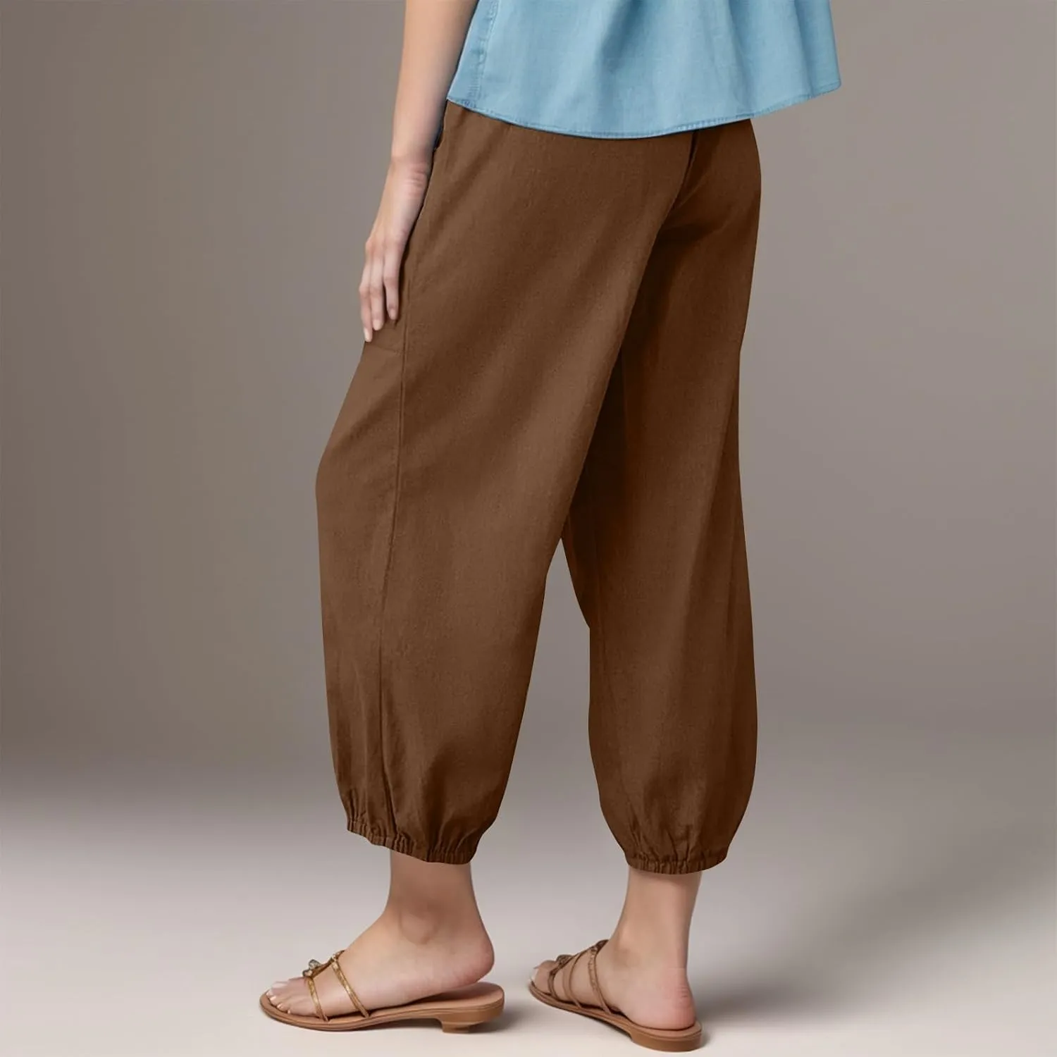 Women's High Waist Capri Baggy Drawstring Pants Cinch Bottom with Button Cotton Linen Loose Casual Trouser Pockets