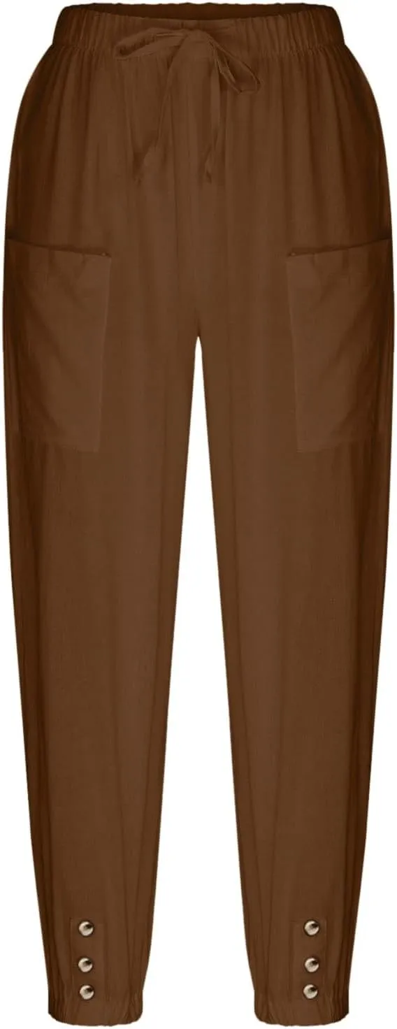 Women's High Waist Capri Baggy Drawstring Pants Cinch Bottom with Button Cotton Linen Loose Casual Trouser Pockets