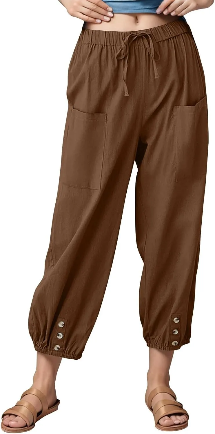 Women's High Waist Capri Baggy Drawstring Pants Cinch Bottom with Button Cotton Linen Loose Casual Trouser Pockets