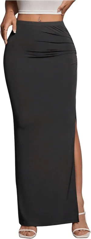 Women's High Waist Maxi Skirt Ruched Side Split Thigh Elegant Bodycon Long Skirts