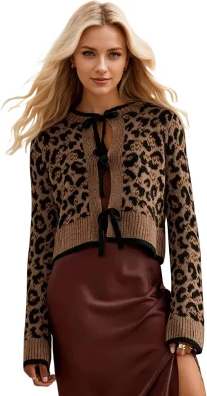 Womens Leopard Print Cardigan Sweater Bow Tie Front Cheetah Cardigans Long Sleeve Crewneck Tie Open Front Sweater Top