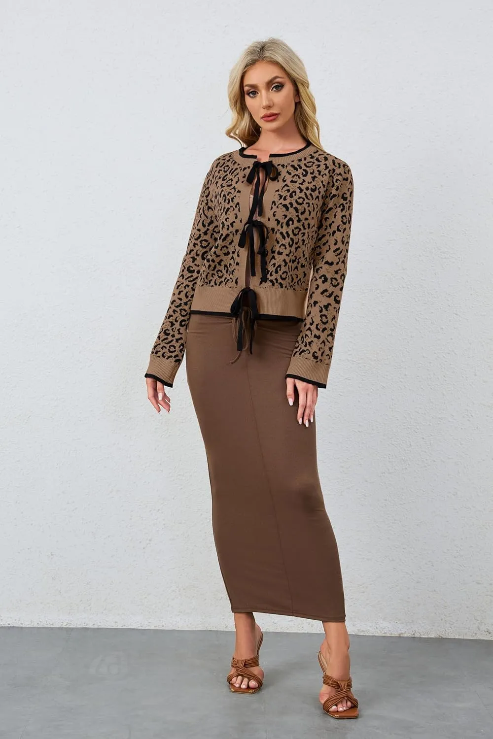 Womens Leopard Print Cardigan Sweater Bow Tie Front Cheetah Cardigans Long Sleeve Crewneck Tie Open Front Sweater Top