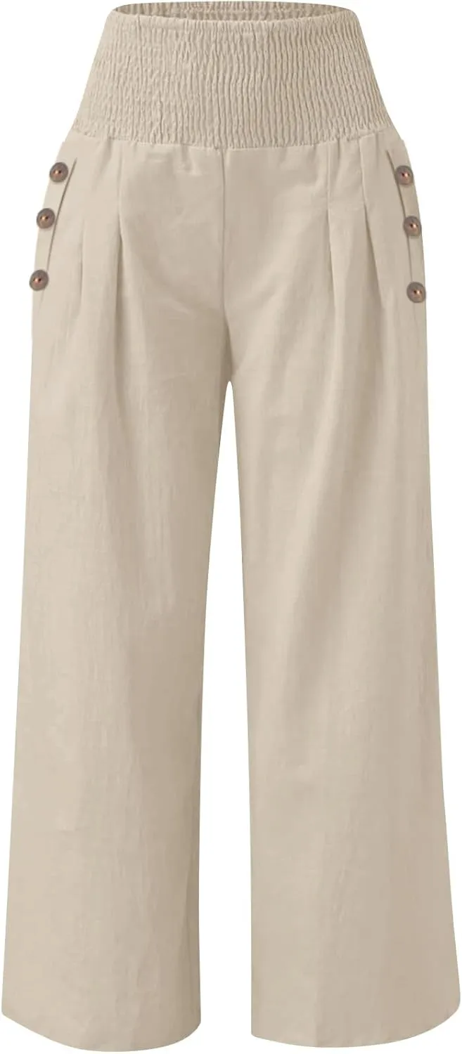 Womens Linen Pants 2025 Summer Casual Wide Leg Palazzo Pants Loose Smocked High Waist Work Slack Flowy Beach Trousers