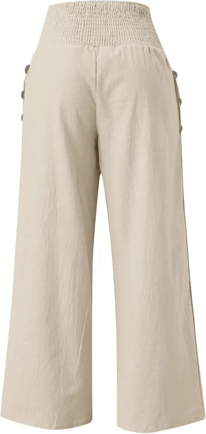Womens Linen Pants 2025 Summer Casual Wide Leg Palazzo Pants Loose Smocked High Waist Work Slack Flowy Beach Trousers