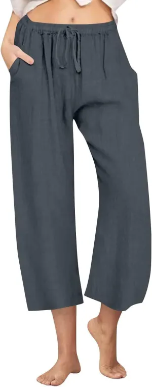Womens Linen Pants Casual Lightweight Drawstring Elastic Waist Pants Summer Loose Straight Leg Trousers
