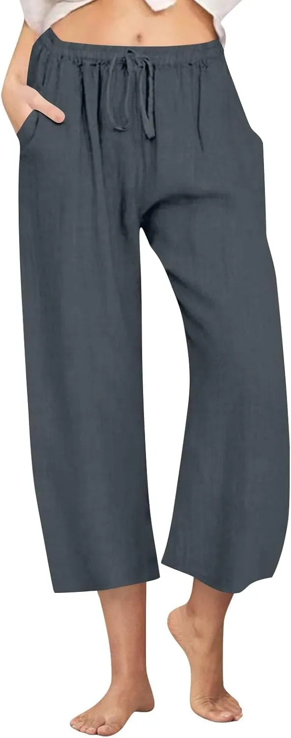Womens Linen Pants Casual Lightweight Drawstring Elastic Waist Pants Summer Loose Straight Leg Trousers