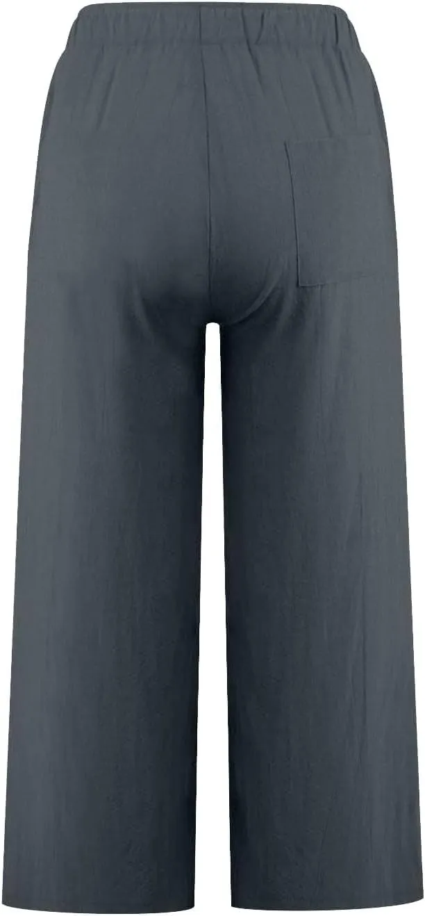Womens Linen Pants Casual Lightweight Drawstring Elastic Waist Pants Summer Loose Straight Leg Trousers