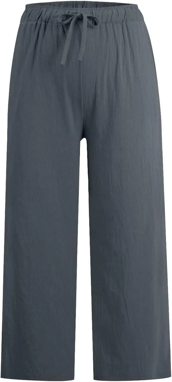 Womens Linen Pants Casual Lightweight Drawstring Elastic Waist Pants Summer Loose Straight Leg Trousers