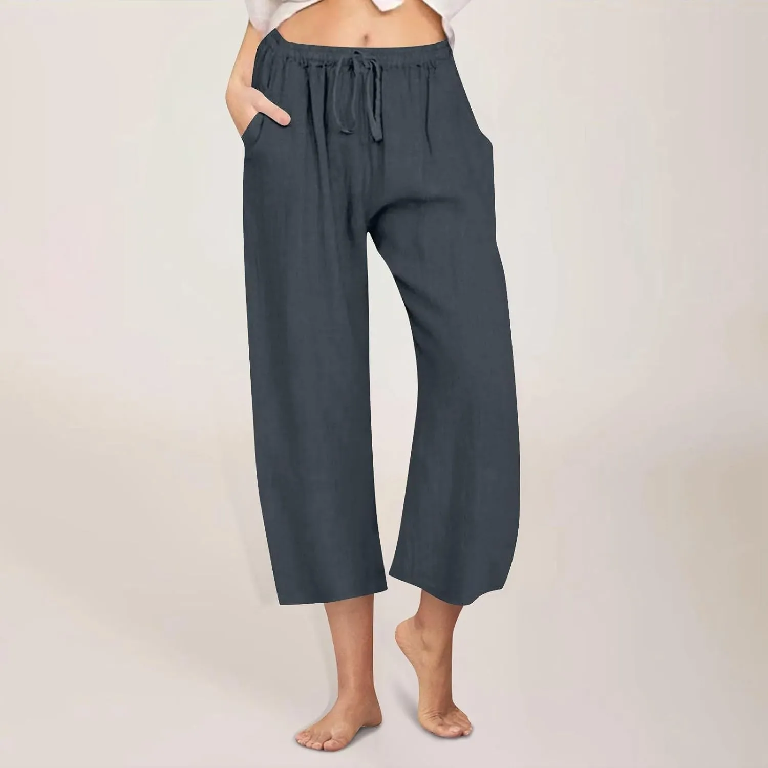 Womens Linen Pants Casual Lightweight Drawstring Elastic Waist Pants Summer Loose Straight Leg Trousers