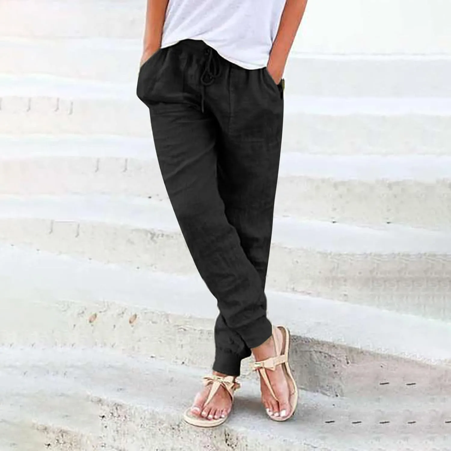 Womens Linen Pants Linen Trousers for Women Summer Casual Elastic Pants with Pockets