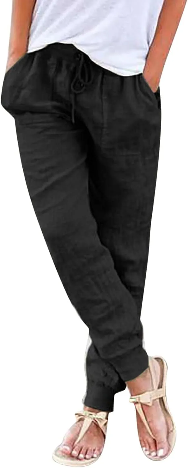 Womens Linen Pants Linen Trousers for Women Summer Casual Elastic Pants with Pockets