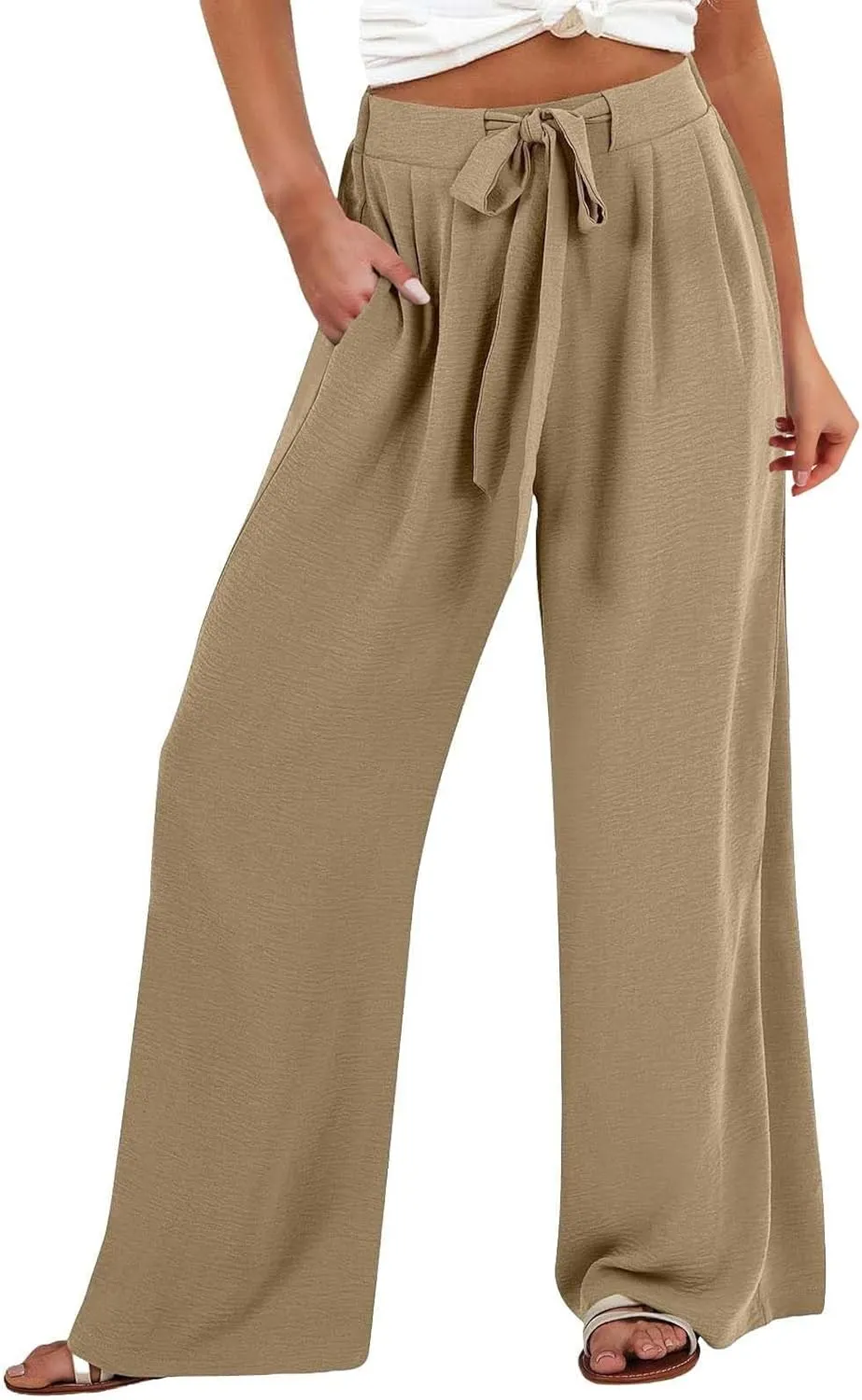 Womens Linen Pants Summer Wide-Leg High Waisted Drawstring Flowy Trousers with Pocket 2025 Casual Trendy Pants