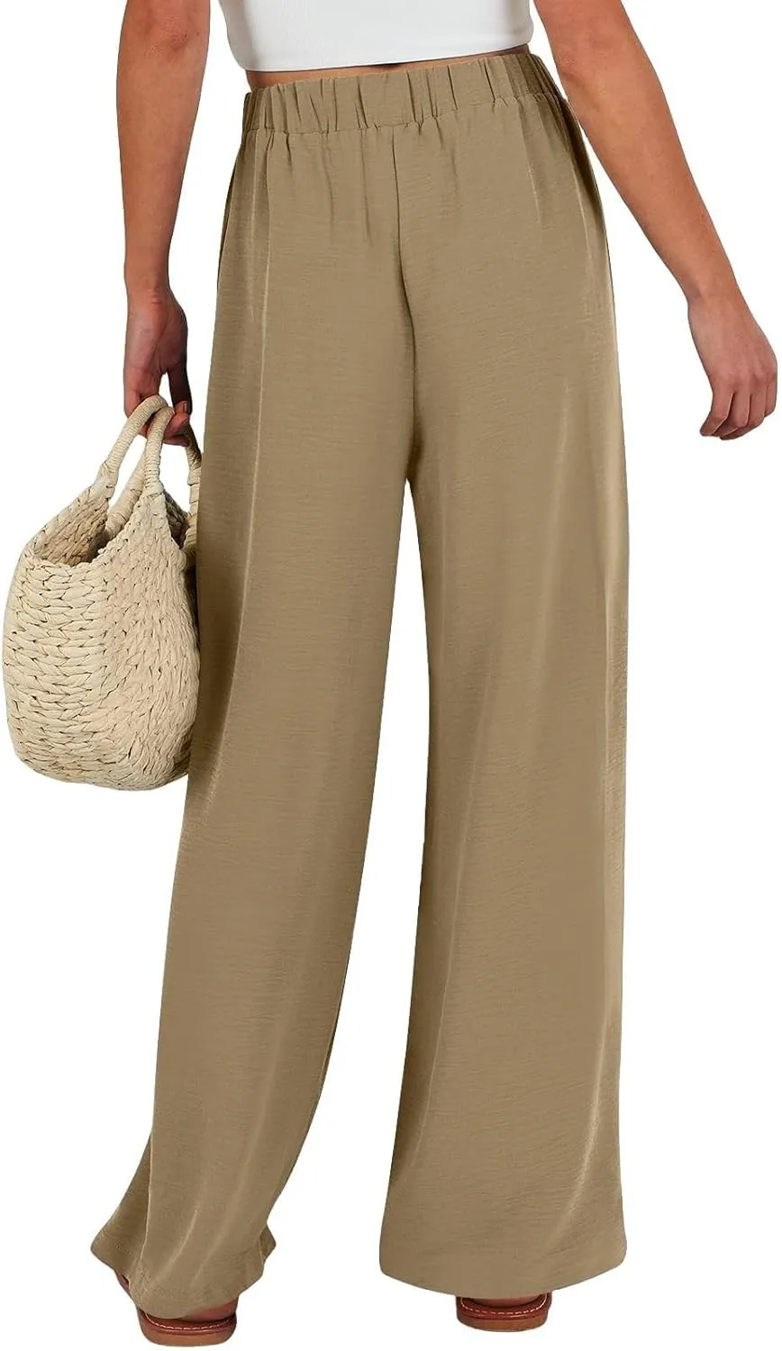 Womens Linen Pants Summer Wide-Leg High Waisted Drawstring Flowy Trousers with Pocket 2025 Casual Trendy Pants