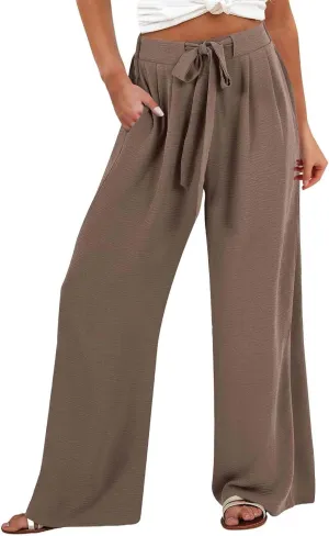 Womens Linen Pants Summer Wide-Leg High Waisted Drawstring Flowy Trousers with Pocket 2025 Casual Trendy Pants