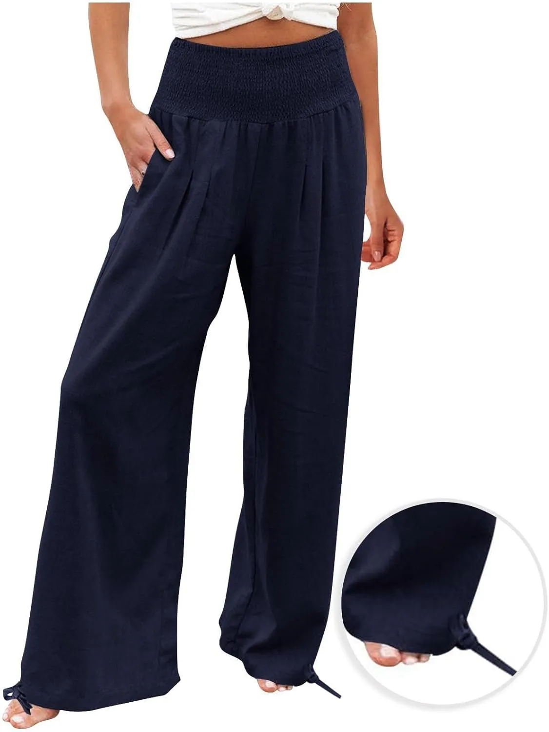 Women's Linen Summer Palazzo Pants Flowy Wide Leg Beach Pants with Pockets Casual Elastic High Waist Long Trousers