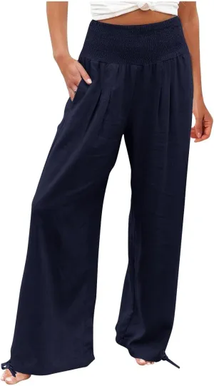 Women's Linen Summer Palazzo Pants Flowy Wide Leg Beach Pants with Pockets Casual Elastic High Waist Long Trousers
