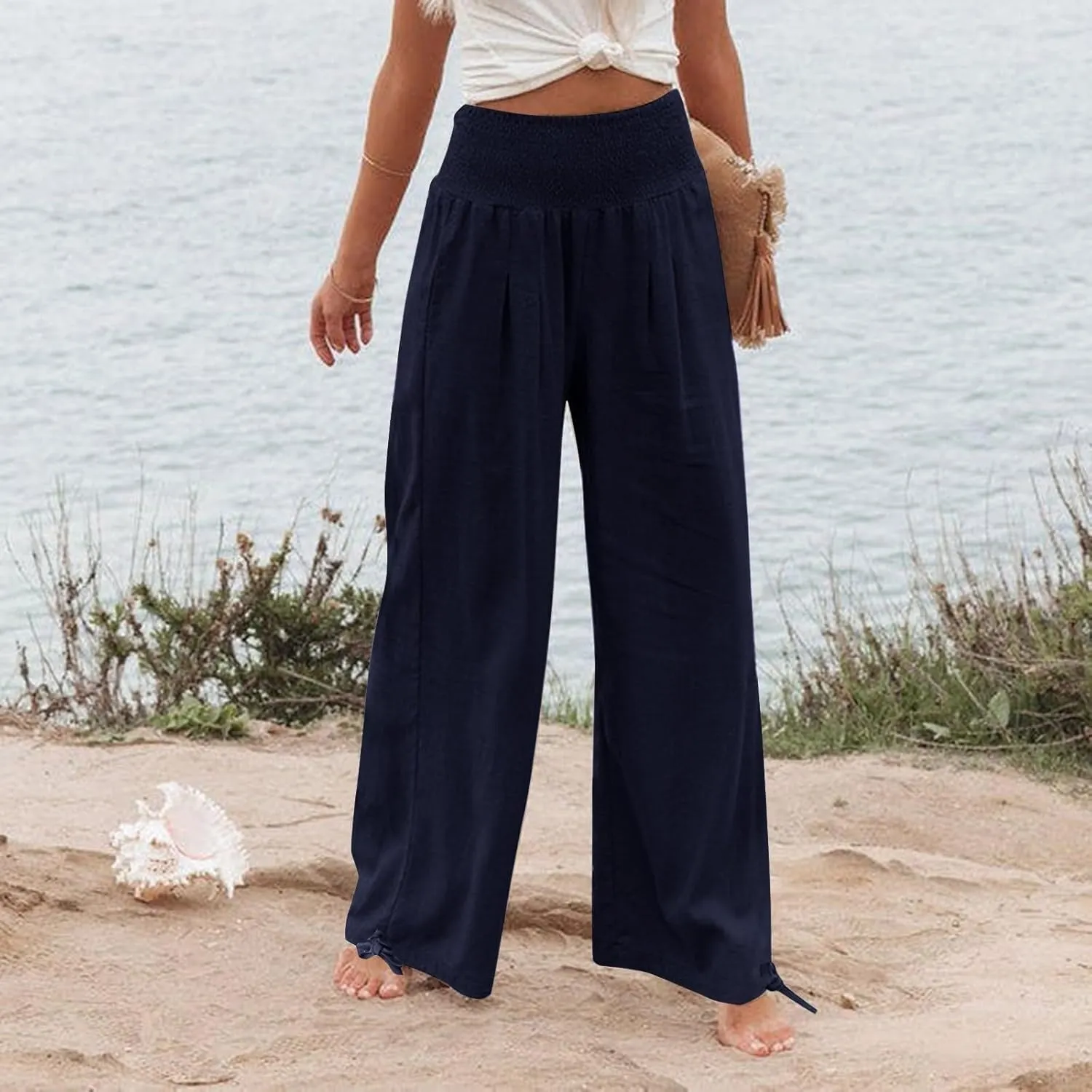 Women's Linen Summer Palazzo Pants Flowy Wide Leg Beach Pants with Pockets Casual Elastic High Waist Long Trousers