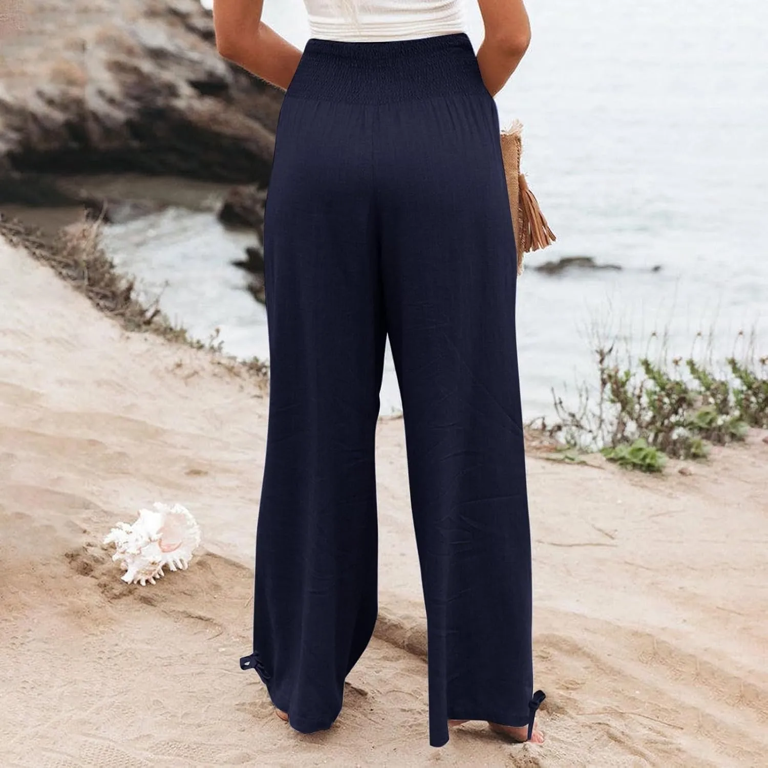 Women's Linen Summer Palazzo Pants Flowy Wide Leg Beach Pants with Pockets Casual Elastic High Waist Long Trousers