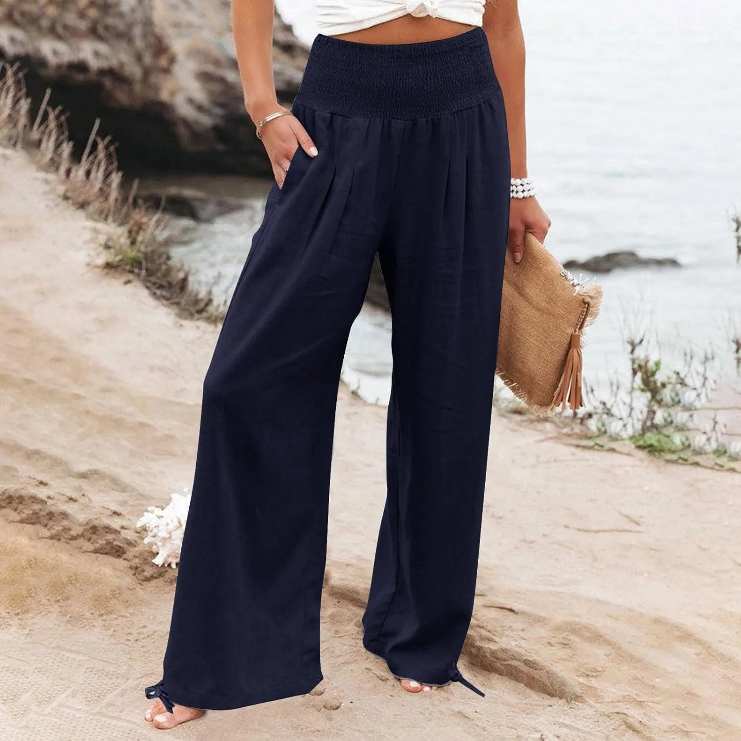 Women's Linen Summer Palazzo Pants Flowy Wide Leg Beach Pants with Pockets Casual Elastic High Waist Long Trousers