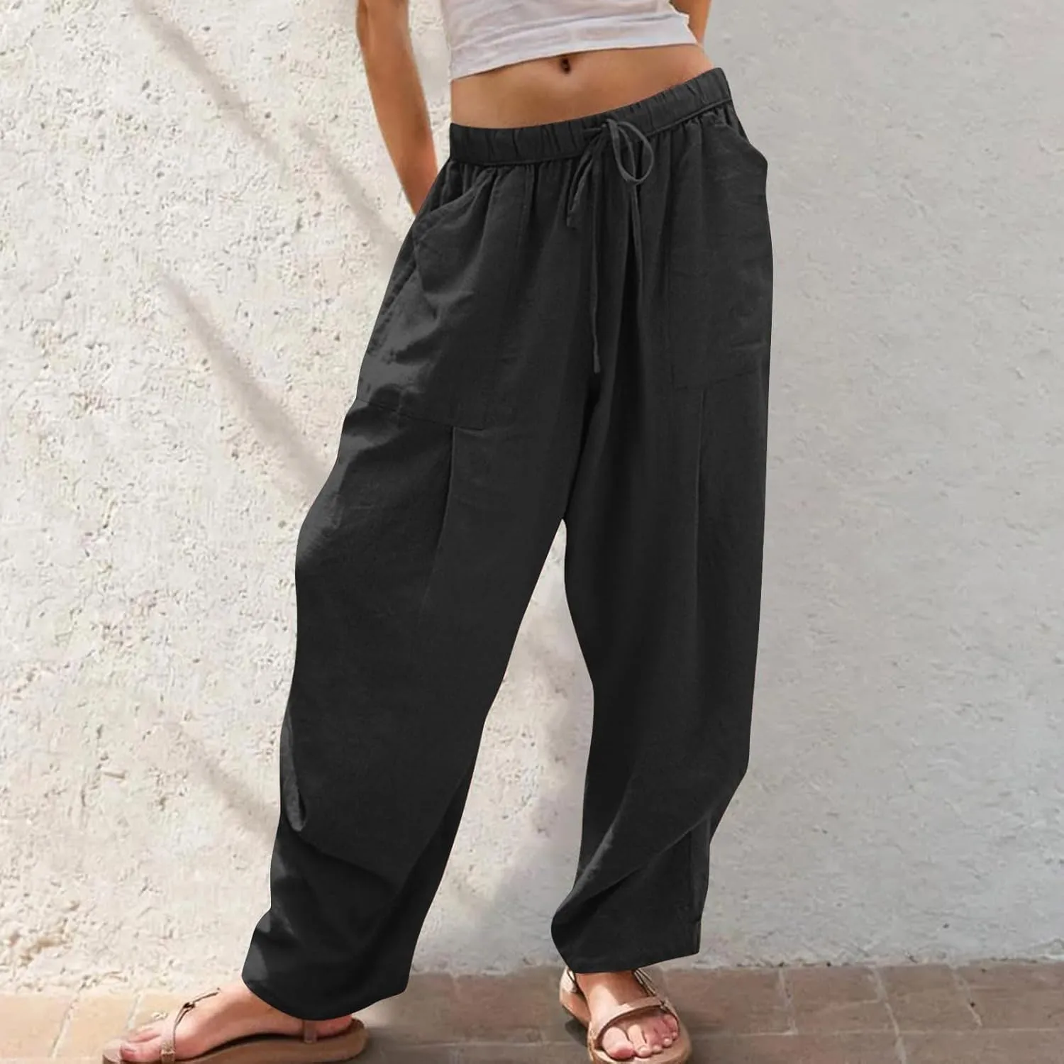 Women's Linen Wide Leg Pants Summer Casual Loose Lightweigt Palazzo Harem Pants Travel Baggy Trousers with Pockets