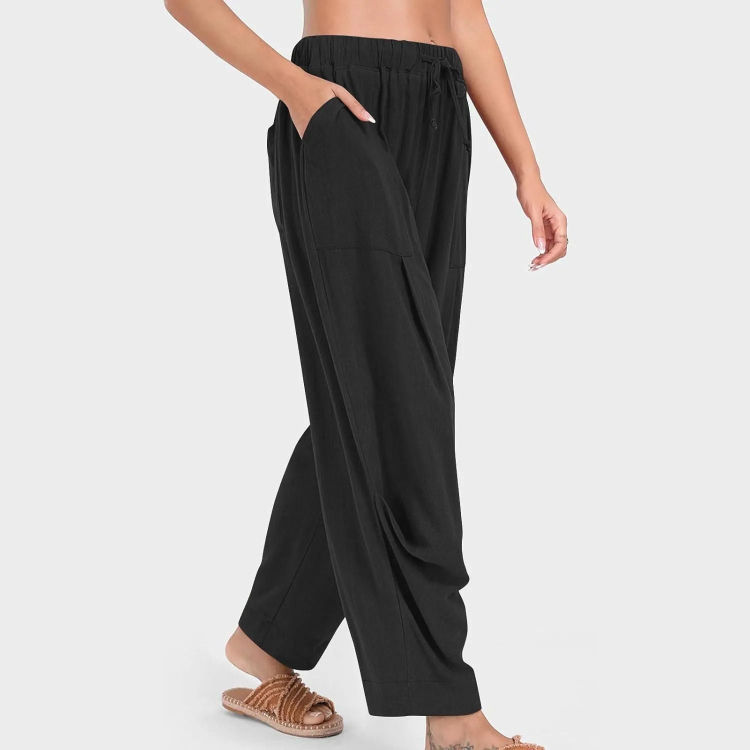 Women's Linen Wide Leg Pants Summer Casual Loose Lightweigt Palazzo Harem Pants Travel Baggy Trousers with Pockets