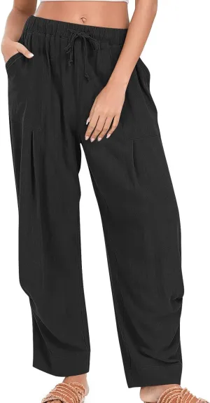 Women's Linen Wide Leg Pants Summer Casual Loose Lightweigt Palazzo Harem Pants Travel Baggy Trousers with Pockets