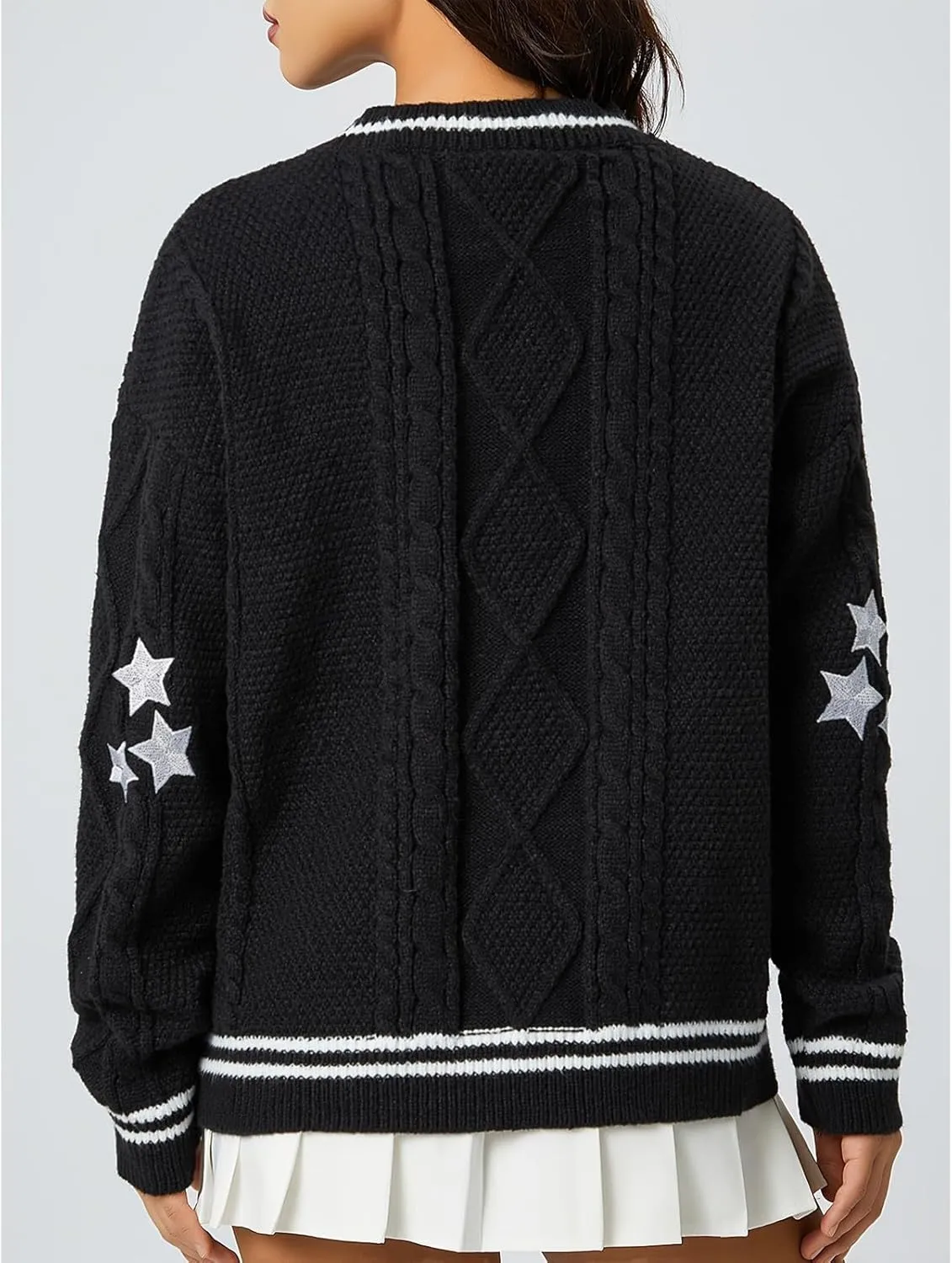 Women's Long Sleeve Cardigan V Neck Stars Button Down Oversized Open Front Sweaters Casual Cable Batwing Knitted Coat