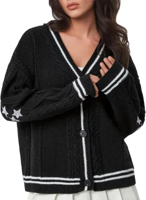 Women's Long Sleeve Cardigan V Neck Stars Button Down Oversized Open Front Sweaters Casual Cable Batwing Knitted Coat