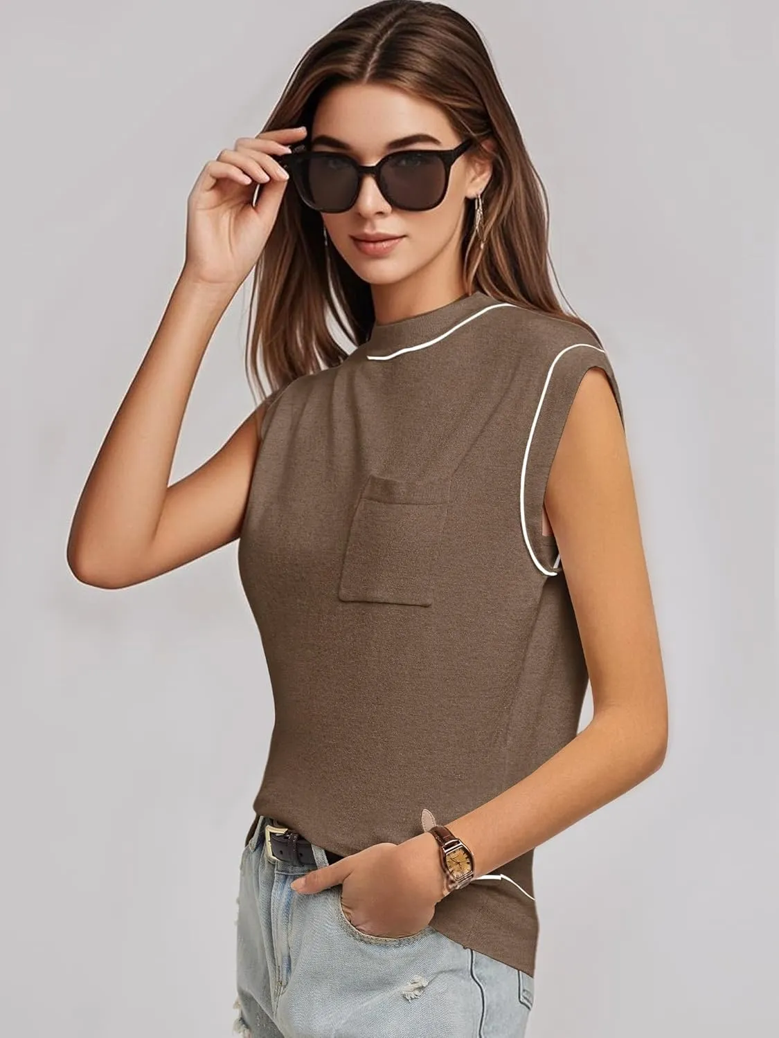 Women's Mock Neck Sleeveless Sweater Vest Casual Cap Sleeve Knit Pullover Tank Tops 2025 Summer Outfits