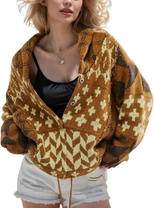 Women's Oversized Cardigan Sweater Knit Y2K Print Patterned Shawl Collar Sweater Coat Long Sleeve Button Down Cardigans(Khaki-M)