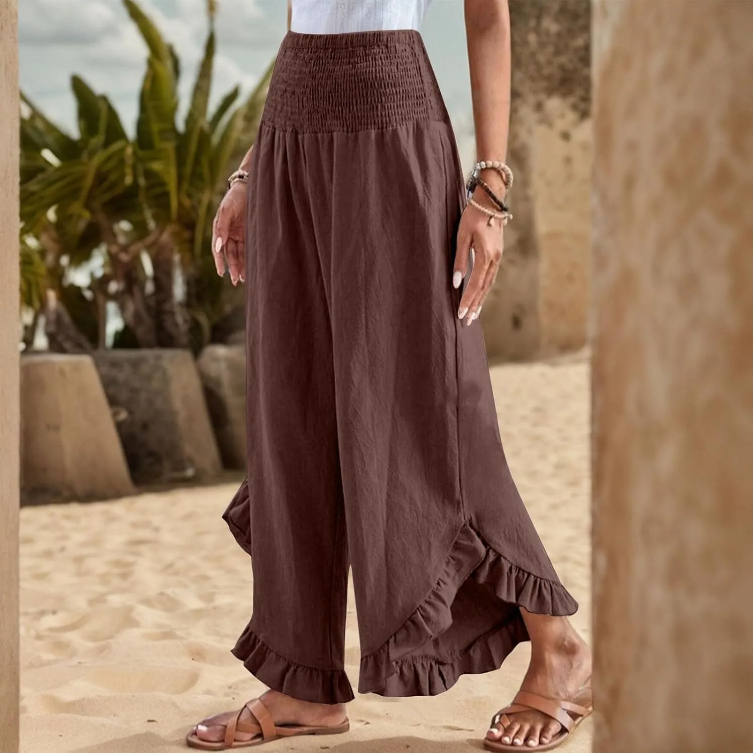 Women's Palazzo Pants Casual Summer Smocked Waisted Linen Pants Trendy Ruffle Hem Wide Leg Trousers Loose Beach Pant