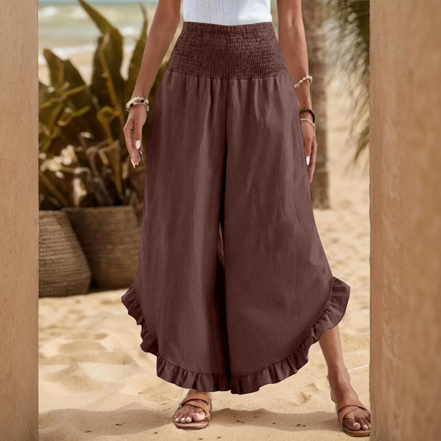 Women's Palazzo Pants Casual Summer Smocked Waisted Linen Pants Trendy Ruffle Hem Wide Leg Trousers Loose Beach Pant
