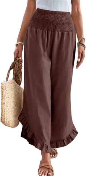 Women's Palazzo Pants Casual Summer Smocked Waisted Linen Pants Trendy Ruffle Hem Wide Leg Trousers Loose Beach Pant