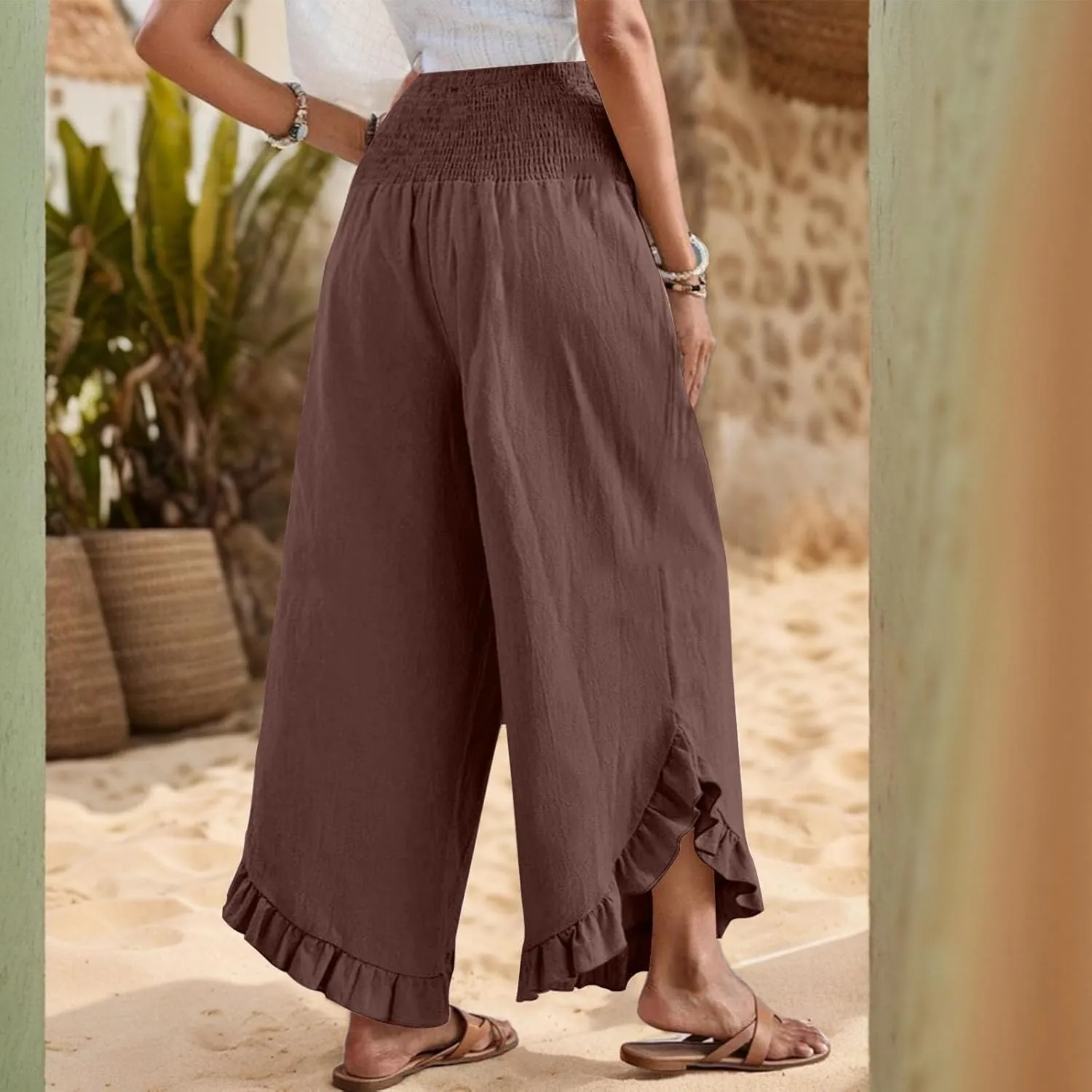 Women's Palazzo Pants Casual Summer Smocked Waisted Linen Pants Trendy Ruffle Hem Wide Leg Trousers Loose Beach Pant