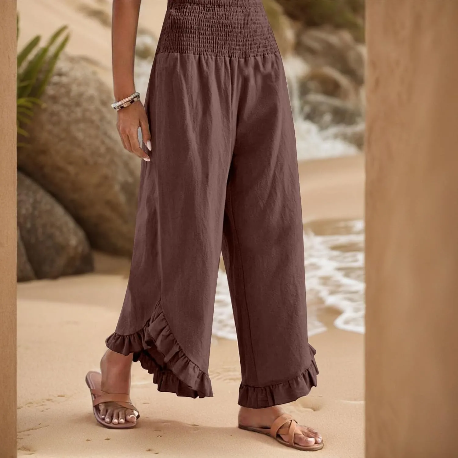 Women's Palazzo Pants Casual Summer Smocked Waisted Linen Pants Trendy Ruffle Hem Wide Leg Trousers Loose Beach Pant