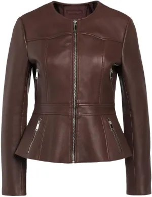 Women's Peplum Leather Jacket, Zip Front, Pockets, Brown,