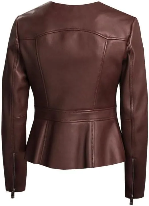 Women's Peplum Leather Jacket, Zip Front, Pockets, Brown,